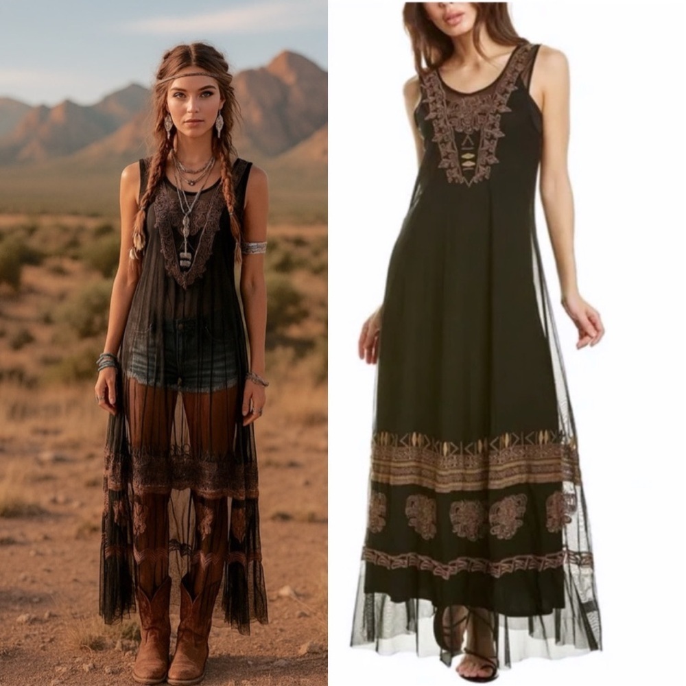 JOHNNY WAS Tapiwa Maxi Slip Sheer Dress RARE Bohemian Boho Sz. XS